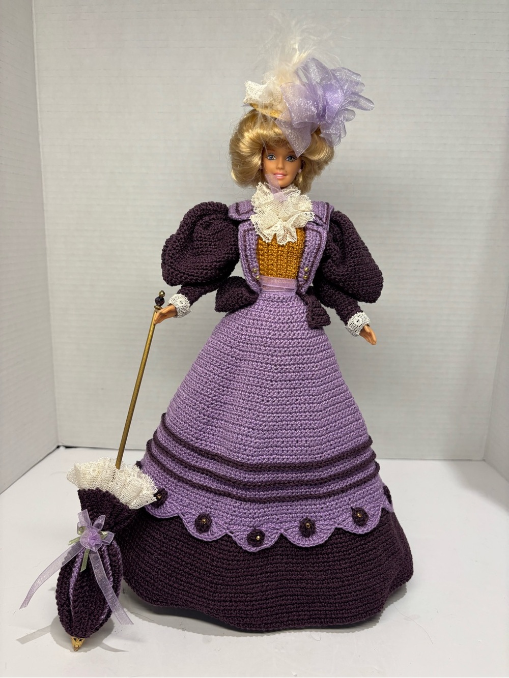 1998 Mattel Barbie Doll Handmade Crochet Victorian Dress Parasol Hat Boots OOAK